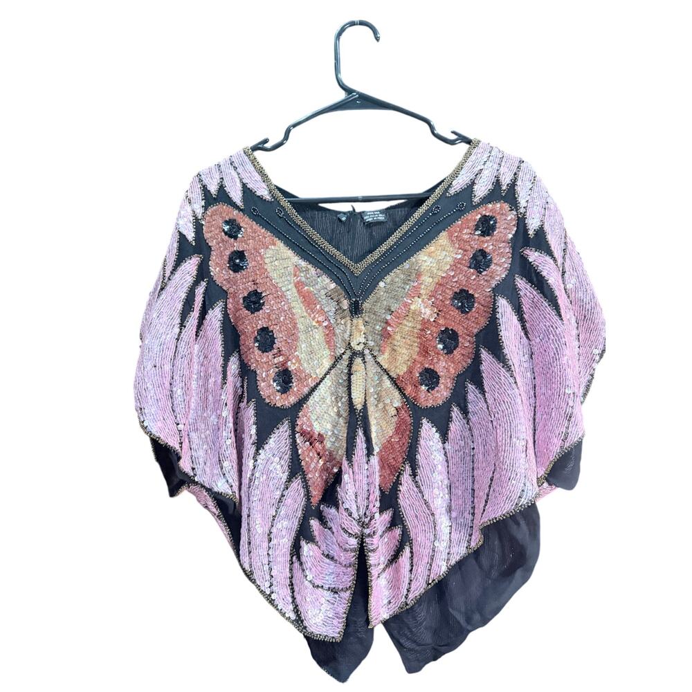 Vintage Sequined Butterfly Blouse / 80s Pink Sequin Embellished Top
